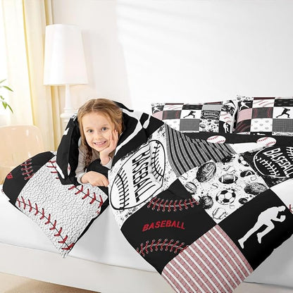 Erosebridal Kids Baseball Comforter Set King,Softball Bedding Set,Sports Game Quilted Comforter for Boys Teens Youth,Ball Game Patchwork Down Comforter with 2 Pillowcases,Red Black Gray
