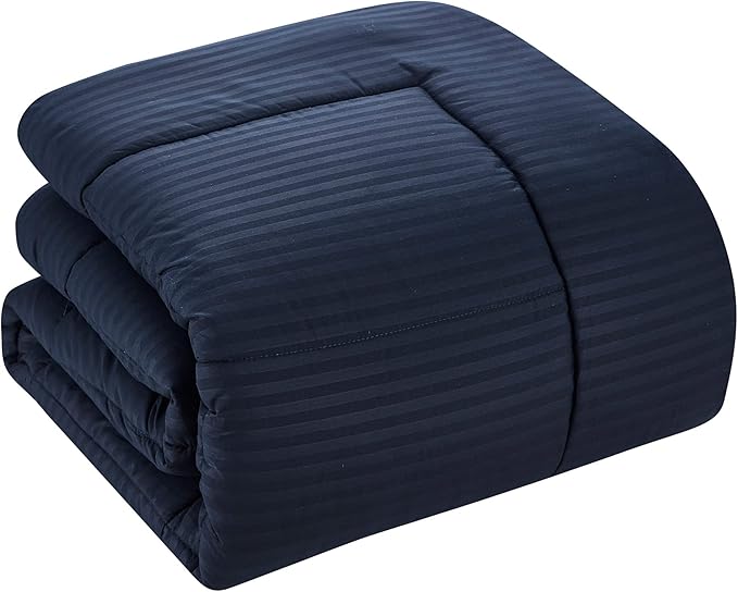 Sweet Home Collection 8 Piece Comforter Set Bag with Dobby Stripe Design, Bed Fitted, 1 Flat Sheet, 2 Pillowcases, 2 Shams, King Navy, (Pack of 3)