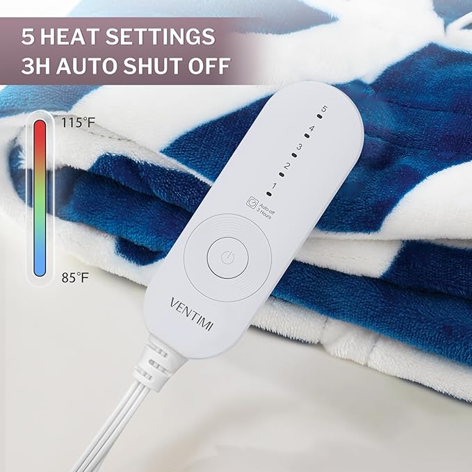 VENTIMI Electric Blanket Heated Throw, 50" x 60" Heated Blanket with 5 Heat Levels & 3 Hours Auto Off, Fast Heating Blankets with ETL & FCC Certification, Navy