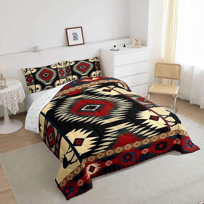 Feelyou Boho Comforter Set Twin Size Rustic Comforter for Boys Girls Teens Cabin Bedding Set Retro Duvet Set Room Decor Auburn Quilt Set
