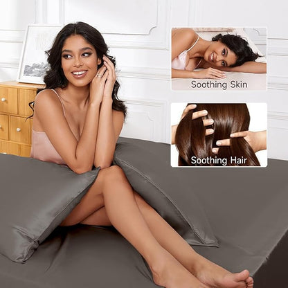 THXSILK Luxury Mulberry Silk Bed Sheets Set - 3pcs Silk Sheets Set 16" Deep Pocket - 1 Fitted Sheet, 1 Flat Sheet, 1 Pillowcase with Zipper Closure - Twin-XL, Charcoal