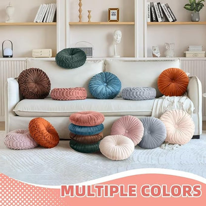 2 Pcs Round Throw Pillows Pleated Velvet Pumpkin Round Pillows Floor Cushion for Living Room Couch Chair Bed Sofa 15.7"x15.7"/13.8" x 13.8" (Orange)