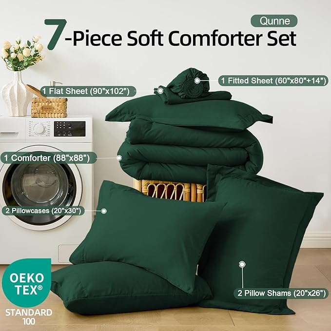 FUANNA Queen Comforter Set Emerald Green, 7 Pieces Soft Bedding Sets Queen Size, All Season Lightweight Bed in a Bag with Comforter, Flat Sheet, Fitted Sheet, Pillowcases & Shams