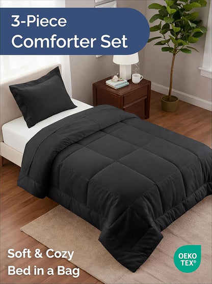 Twin XL Comforter Set - 2 Piece Bed Set for All Seasons - 1 Soft Quilted Comforter with Corner Tabs & 1 Pillow Sham - Comfy & Breathable - Premium Down Duvet Insert - Oeko-TEX - Twin XL Size, Black