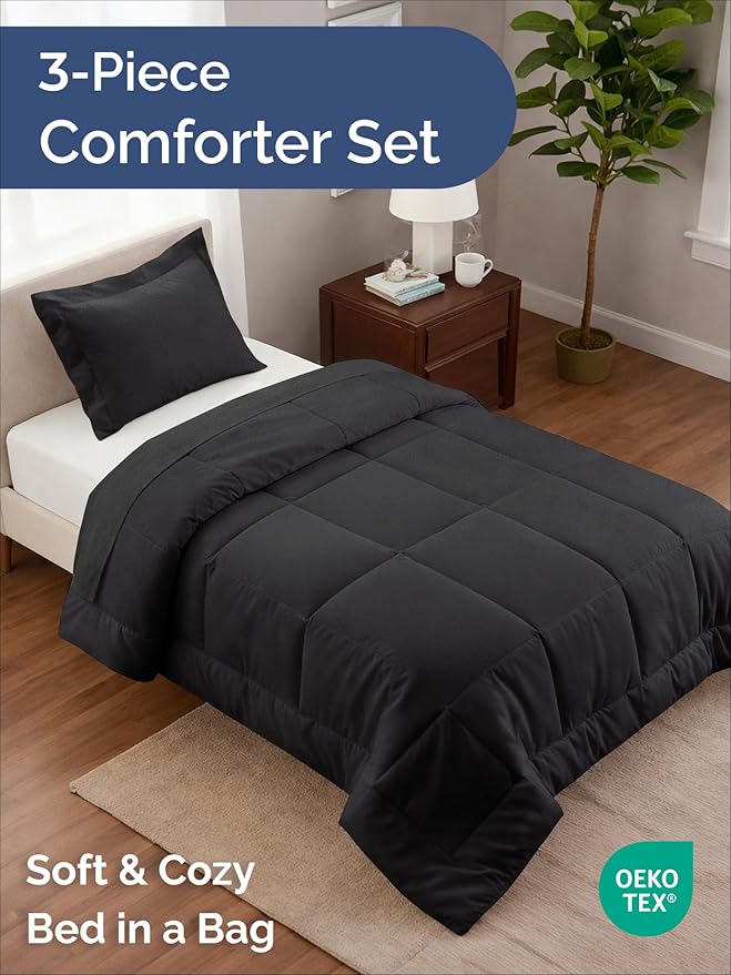 Twin Comforter Set - 2 Piece Bed Set for All Seasons - 1 Soft Quilted Comforter with Corner Tabs & 1 Pillow Sham - Comfy, Cozy & Breathable - Premium Down Duvet Insert - Oeko-TEX - Twin Size, Black