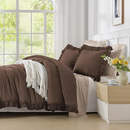 Andency Brown Comforter Twin Size, 2 Pieces Solid Farmhouse Shabby Chic Ruffle Bedding Comforters & Sets, All Season Soft Lightweight Fluffy Bed Set for Kids Girls Teens