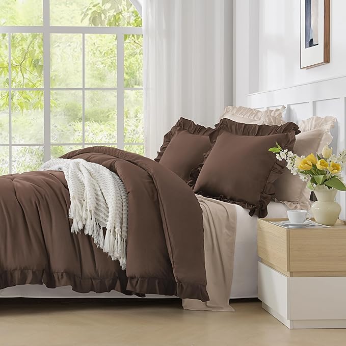 Andency Brown Comforter Full Size, 3 Pieces Solid Farmhouse Shabby Chic Ruffle Bedding Sets, All Season Soft Lightweight Comfy Down Alternative Bed Set for Girls Teens Men Women