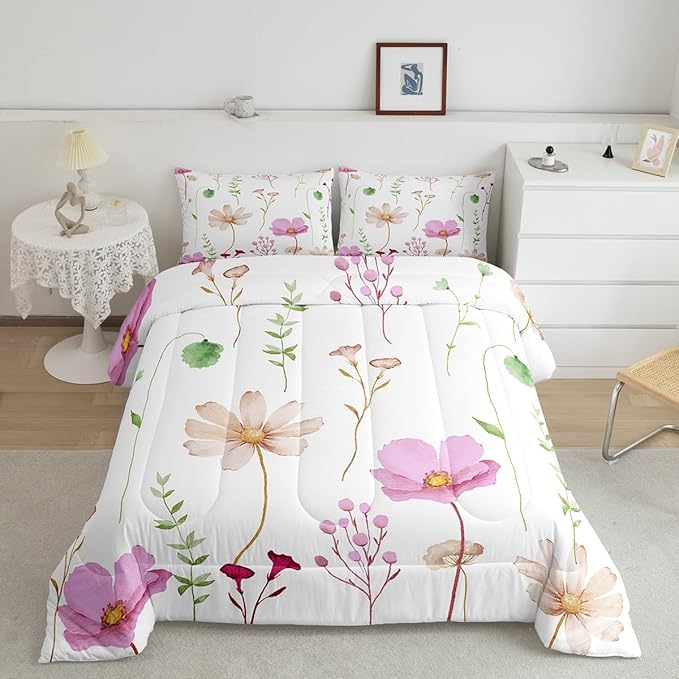Erosebridal Watercolor Flower Comforter Set Queen, Pink Beige Floral Bedding Set for Kids Teens Adult Women Bedroom, Modern Minimalist White Quilt Branches Pastoral Duvet Insert with 2 Pillow Cases