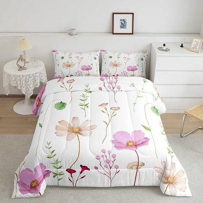 Erosebridal Watercolor Flower Comforter Set Queen, Pink Beige Floral Bedding Set for Kids Teens Adult Women Bedroom, Modern Minimalist White Quilt Branches Pastoral Duvet Insert with 2 Pillow Cases