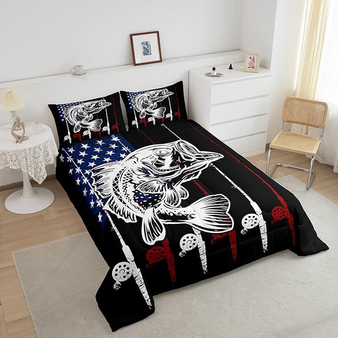 Big Pike Fish Bedding Set Bass Fish American Flag Comforter Set Hunting and Fishing Pattern Duvet Insert for Kids Boys Girls Teens Farmhouse Pike Fishing Quilt Red Blue Stripe Comforter King Size