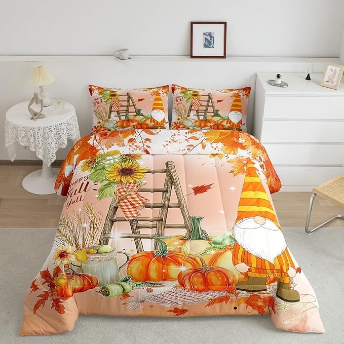 Fall Gnomes Comforter Set Full Fall Thanksgiving Pumpkin Bedding Set For Girls Teen Women Rustic Farm Autumn Harvest Decor Comforter Sunflower Maple Leaf Quilted Duvet Orange Red Fall Bedroom Decor