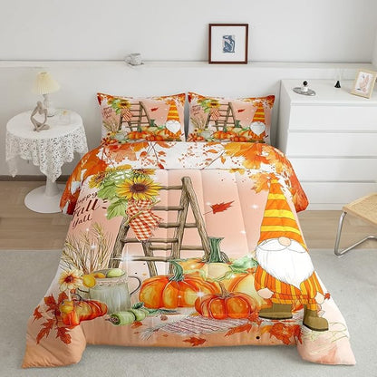 Gnome's Comforter Set: Queen Fall Thanksgiving Pumpkin Bedding, Girls Teen Women, Rustic Farm Autumn Harvest Decor, Sunflower Maple Leaf Quilted Duvet, Orange Red Fall Bedroom Decor