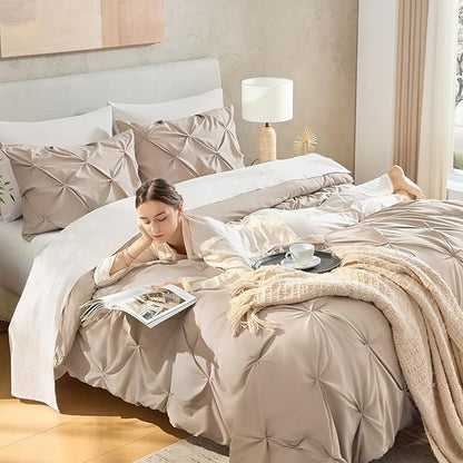 Andency California King Comforter Set Wheat (104x96Inch), Pinch Pleat Cal King Comforter Set 3 Pieces, Oversized King Pintuck Bed Comforter, Microfiber Down Alternative Comforter Bedding Set
