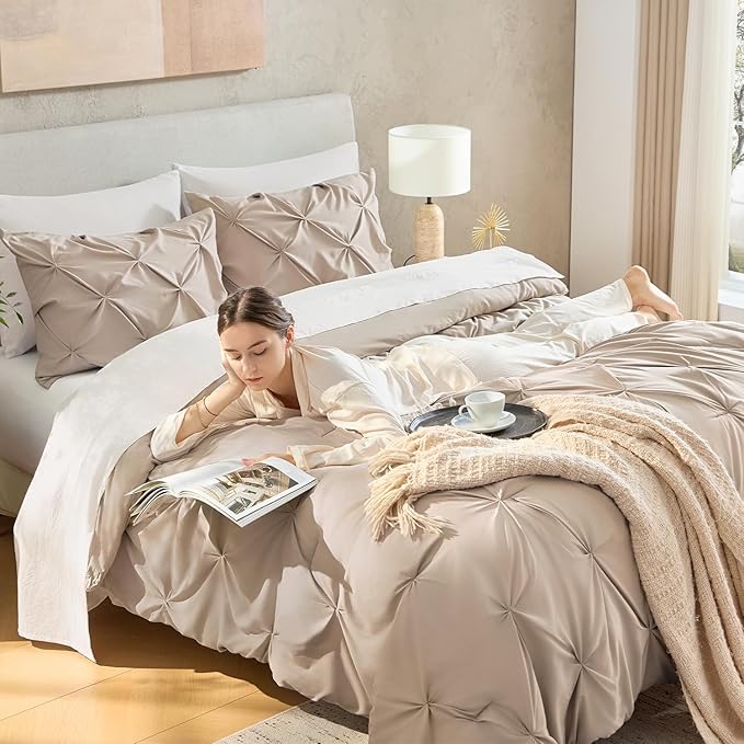 Andency Wheat Comforter Full Size, 3 Pieces Lightweight Pinch Pleat Comforter Sets for Full Bed, Soft Microfiber Bedding Comforter Set(1 Pintuck Comforter and 2 Pillowcases)