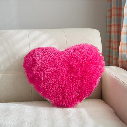 MOOWOO Fluffy Faux Fur Heart Throw Pillow for Valentine's,Mothers Day,Sherpa Plush Fluffy, Solid Color, Heart Shape Pillow for Girls,Hot Pink Love Throw Pillow (Rose Red)