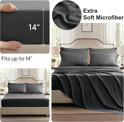 Anluoer Dark Grey California King Comforter Set 7 Pieces, Bed in a Bag with Sheets, All Season Bedding Sets with 1 Comforter, 2 Pillow Shams, 2 Pillowcases, 1 Flat Sheet, 1 Fitted Sheet