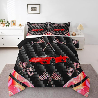 jejeloiu Red Race Car Bedding Set Twin Size Extreme Sports Comforter Set for Kids Teens Adult Fast and Furious Duvet Set Dazzling Flag Quilt Set 2Pcs