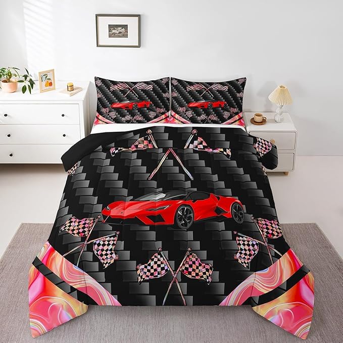 jejeloiu Red Race Car Bedding Set Full Size Extreme Sports Comforter Set for Kids Teens Adult Fast and Furious Duvet Set Dazzling Flag Quilt Set 3Pcs