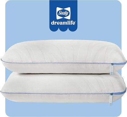 Sealy Dreamlife Queen Size Memory Foam Cooling Pillow with Surface Guard Technology, Removable Machine-Washable Cover, 1 Year Limited Warranty, White (2 Pack)