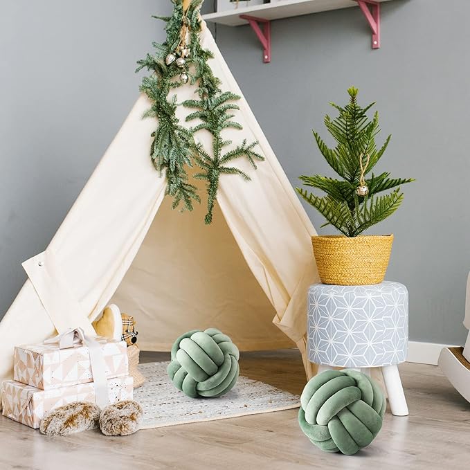 Namalu 2 Pieces Knot Ball Pillows Round Plush Aesthetic Cushion Pillows Soft Stress Relieving Cute Decorative Knotted Pillows for Kids Bed Sofa Bedroom Decor (Dark Green, 7.87 Inches)