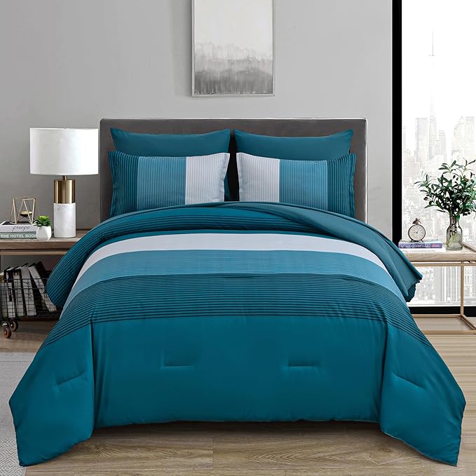 Anibedding Teal Comforter Set King Size 7 Piece Teal Blue Striped Bedding Set All Season Bed in a Bag King, Soft Microfiber Filling Comforter Duvet, Flat/Fitted Sheets and Pillowcases (103"×90")