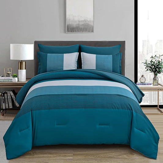 Anibedding Teal Comforter Set King Size 7 Piece Teal Blue Striped Bedding Set All Season Bed in a Bag King, Soft Microfiber Filling Comforter Duvet, Flat/Fitted Sheets and Pillowcases (103"×90")