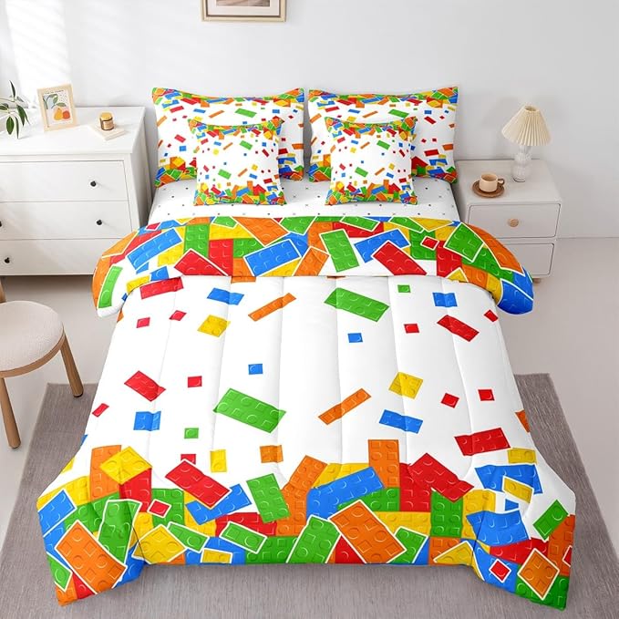 Cartoon Construction Bedding Sets King Size 7 Pcs,Watercolor Building Block Comforter Set for Kids Child Boys Girls Room Decor,Brick Games Fitted Flat Sheet with 2 Throw Pillow Covers 2 Pillowcases