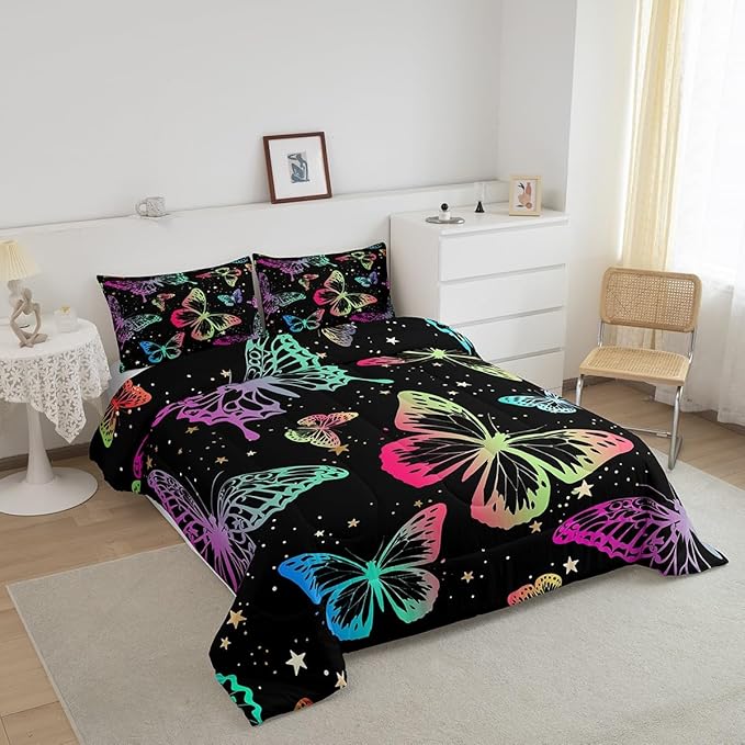 Erosebridal Butterfly Comforter Set King Starry Sky Galaxy Colorful Ombre Butterflies Bedding Sets for Kids Girls Teens Women Cartoon Bedding Comforters & Sets Room Decor with 2 Pillow Cases