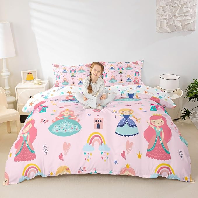 Erosebridal Kids Pink Princess Comforter Set Dreamy Fairy Tales Castle Girls Toddler Bedding Set Cartoon Rainbow Down Comforter for Teen Women Bedroom Decor,Magical Carriage Princess Bed Set