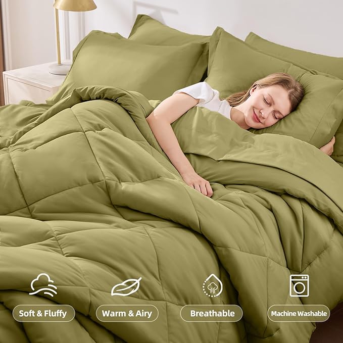 FUANNA 7 Pieces Full Size Comforter Sets, All Season Bedding Sets Full Size, Luxury Soft Bed in a Bag with Comforter, Flat Sheet, Fitted Sheet, Pillowcases & Pillow Shams, Olive Green