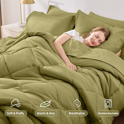 FUANNA 7 Pieces Queen Comforter Set, All Season Bed in a Bag Queen Size, Luxury Soft Bedding Sets with Comforter, Flat Sheet, Fitted Sheet, Pillowcases & Pillow Shams, Olive Green