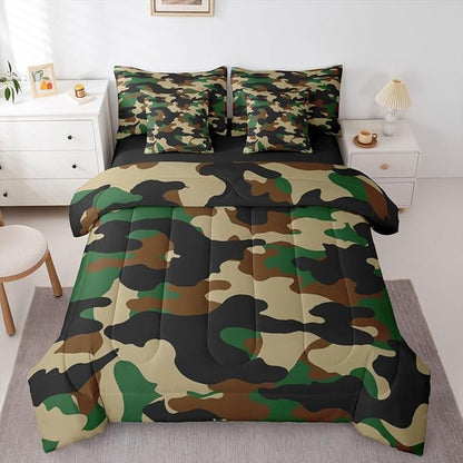 Erosebridal Camouflage 7 Piece Bedding Set Queen Camo Comforter Set with Sheets Dark Green Brown Black Bed in a Bag Rustic Farmhouse Abstract Bed Sets Comforter