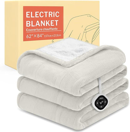 HOMLYNS LuxeHeat Heated Blanket Electric Blanket Twin Size, Soft Flannel Sherpa Heating Blanket with 10 Heat Settings, 1-10 hrs Timer Auto Shut Off (62x84 inches, Cream)