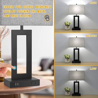 Set of 2 Modern Touch Control Table Lamps with 2 USB Ports, 22’’ Large Bedside Nightstand Lamps 3-Way Dimmable Desk Lamp with Grey Fabric Shade for Bedrooms Living Room Reading, 2 LED Bulbs Included