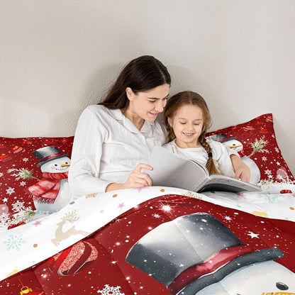 Cute Snowman Comforter Set King Size,Merry Christmas Bedding Set 3Pcs Xmas Red Bells and Snowflake Quilt Set for Kids Boys Girls Teens Room Decor Watercolor Cartoon Duvet Insert,2 Pillowcases