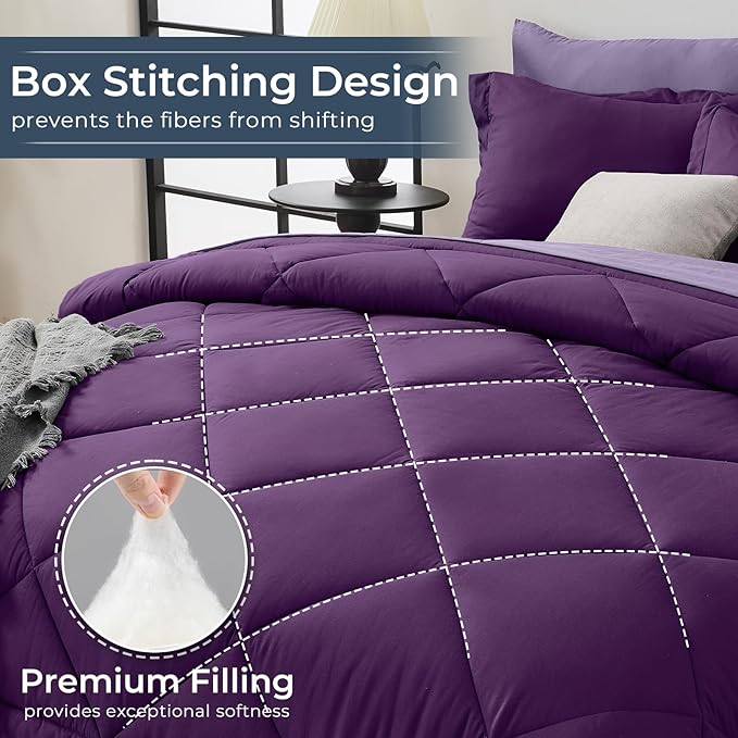 HEVUMYI Purple & Light Purple King Comforter Set - 7-Piece All Season Bed in a Bag King, Ultra Soft Bedding Set with Comforter, Flat Sheet, Fitted Sheet, Pillowcases, Pillow Shams