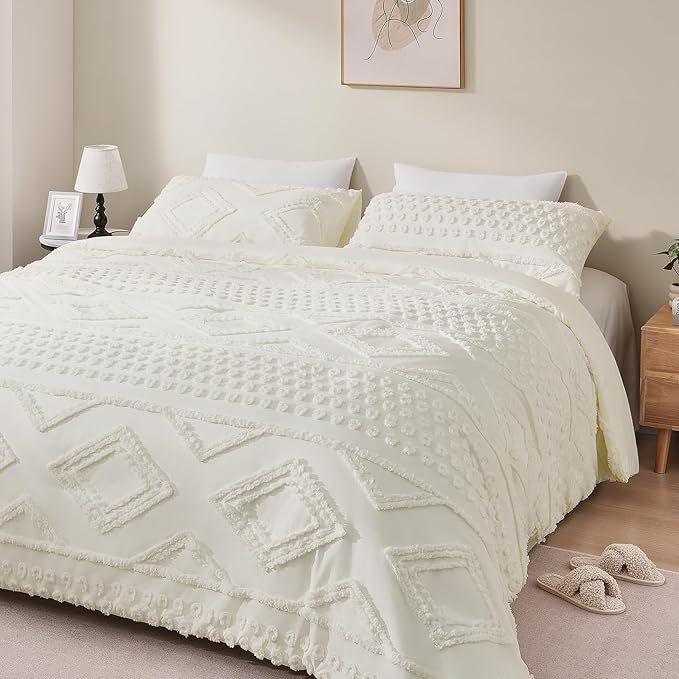 Boho King Comforter Set Beige with Sheets, 3 Pieces Tufted King Comforter Sets Boho Bedding Cream Soft Warm Neutral Comforter Sets for All Seasons
