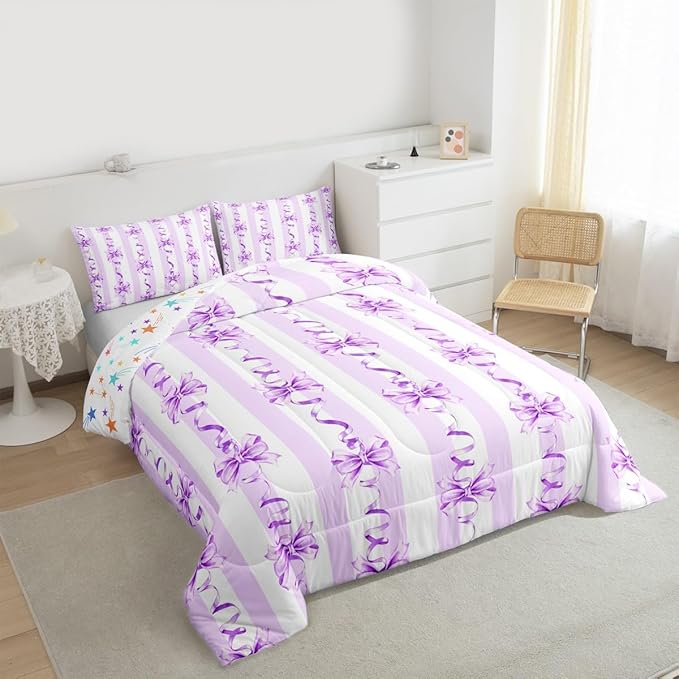 Erosebridal Purple Watercolor Bow Bedding Set Toddler Dreamy Princess Style Comforter Set Cute Kawaii Bowknot Bedding Comforter Sets for Kids Girls Teen Women,Romantic Coquette Bow Tie Quilt