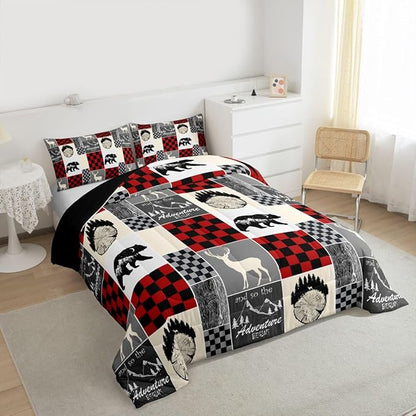 Boys Hunting Deer Quilt, Rustic Cabin Lodge Comforter Set Wildlife Bear Bedding Set Twin Size, Western Country Farmhouse Wooden Board Down Comforter With 1 Pillow Case, Rustic Gifts For Mom
