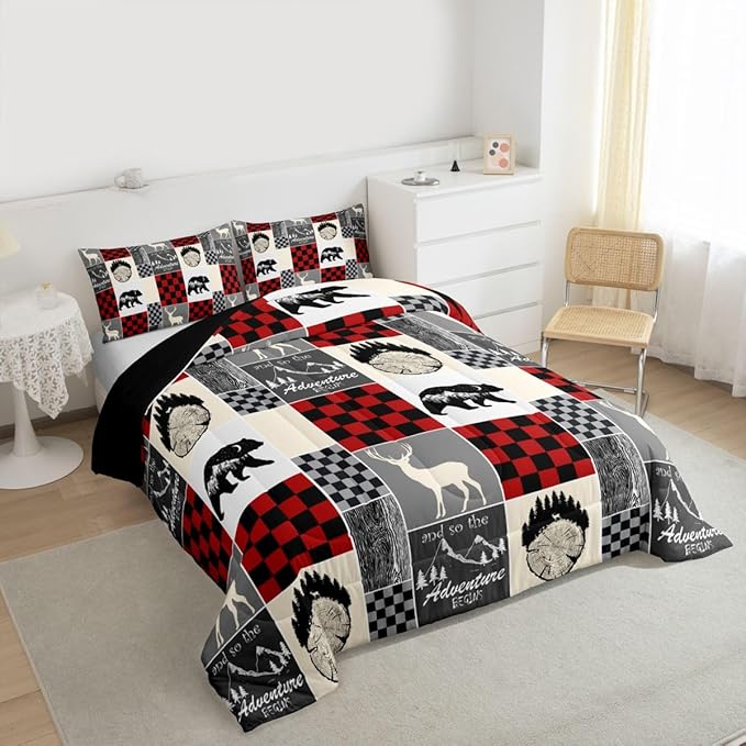 Boys Hunting Deer Quilt, Rustic Cabin Lodge Comforter Set Wildlife Bear Bedding Set Full Size, Western Country Farmhouse Wooden Board Down Comforter With 2 Pillow Cases, Rustic Gifts For Mom