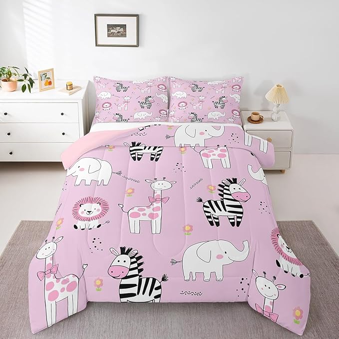 jejeloiu Pink Zoo Animals Bedding Set Twin Size Cartoon Cute Comforter Set for Kids Boys Girls Giraffe Lion Zebra Elephant Duvet Set Flower Quilt Set 2Pcs