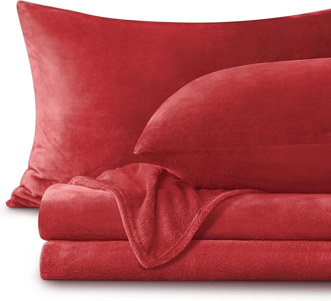 BEDELITE Flannel Sheets King Size Red - Super Soft Fleece Sheets Set Fluffy Extra Plush, 4 Piece(Include Fitted Sheet, Flat Sheet, 2 Pillowcases)