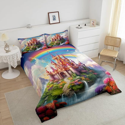 Manfei Castle Girlish Kids Comforter Set King Size,Rainbow Floral Garden Dreamy Bedding Set,Girls Women Room Decor,Princess Theme Romantic Down Comforter,Purple Colorful Duvet Insert,2 Pillowcases