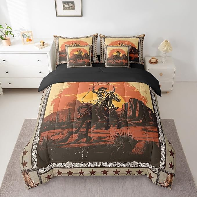 Feelyou Western Decor Comforter Set with Sheets King Size Kids West Cowboy Horse 7 Pieces Bedding Set for Boys Girls Teens Rodeo Cowboy Style Bed in a Bag Breathable Grunge Design Bed Set Star Sunset