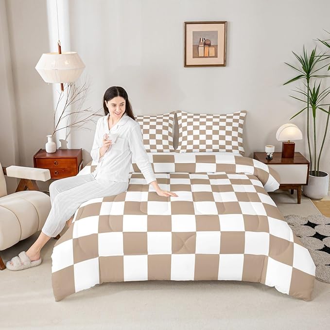 Feelyou Checkered Bedding Set for Boys Girls Brown Plaid Comforter Set Toddler Size Vintage Checkerboard Geometric Duvet Quilt Reversible Grey Bedroom Decor 2 Pcs with 1 Pillow Cases