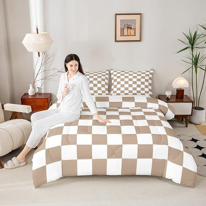 Checkered Bedding Set for Boys Girls Brown Plaid Comforter Set Full Size Vintage Checkerboard Geometric Duvet Quilt Reversible Grey Bedroom Decor 3 Pcs with 2 Pillow Cases