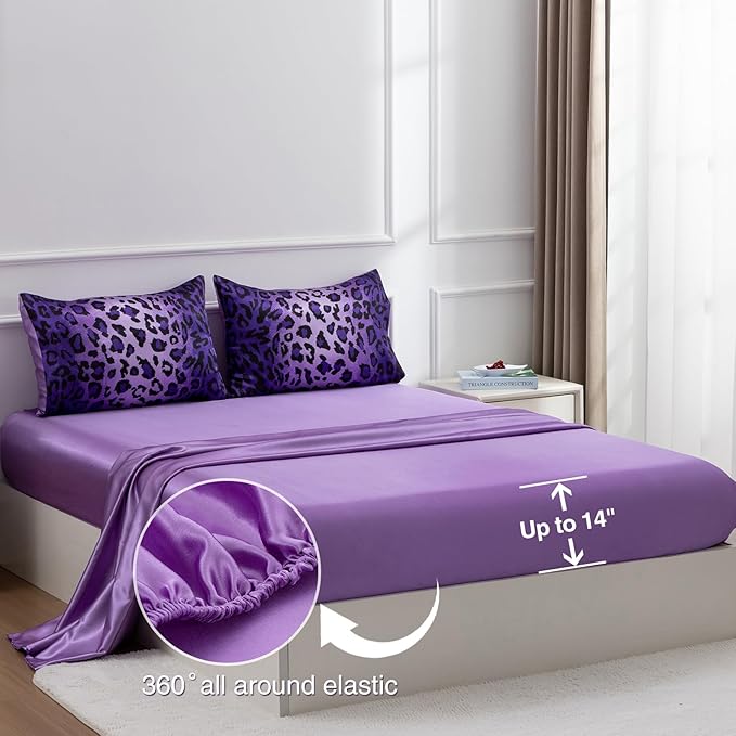 A Nice Night Leopard Printed,Silver Grey Satin Silky Soft Quilt Sexy Luxury Super Soft Microfiber Comforter Quilt Bedding 5PCS Comforter Set, Light Weighted (Purple, Queen(88-by-88-inches))