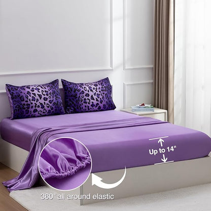 A Nice Night Leopard Printed,Silver Grey Satin Silky Soft Quilt Sexy Luxury Super Soft Microfiber Comforter Quilt Bedding 5PCS Comforter Set, Light Weighted (Purple, Queen(88-by-88-inches))
