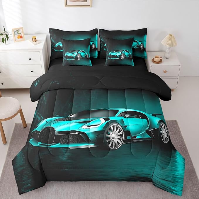 Feelyou Sports Car 7 Piece Bedding Set Teal Blue Race Car Comforter Set with Sheets for Kids Boys Girls Extreme Sports Theme Bed in a Bag Cool Speed Car Decor Bed Set with 2 Pillowcases Full Size