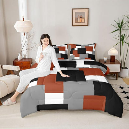 Castle Fairy Red Grey Black Kids Comforter Set,Modern Abstract Art Down Alternative Adults Bedroom Decor,Geometric Grid Square Splicing Ultra Soft Microfiber Inner Fill 3 Pcs Bedding King Size